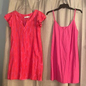 Embroidered Palm Vineyard Vines ruffles Tunic Dress cover up hot pink Sz S